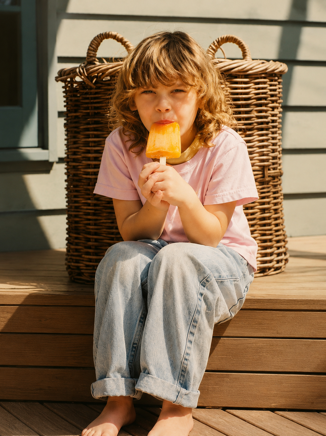 Child enjoying a Sol Pops orange icy pole in the summer sun
